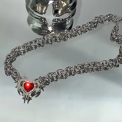 Valentine's Day Red Heart Jewel Necklace Pendant Cupid Love Silvertone 16.5in Silver