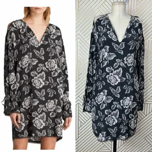 ALLSAINTS Aster Kasuri Dress Long Sleeve Floral Print Black Gray Size Small