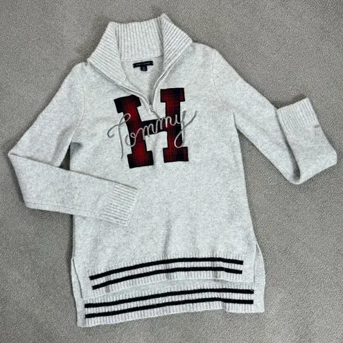 Tommy Hilfiger  Logo Patch Varsity Sweater Grey Small Wool Blend Quarter Zip