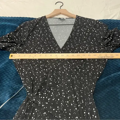 Leota Black White Speckled Print Stretch Jersey Long Sleeve Midi Wrap Dress L