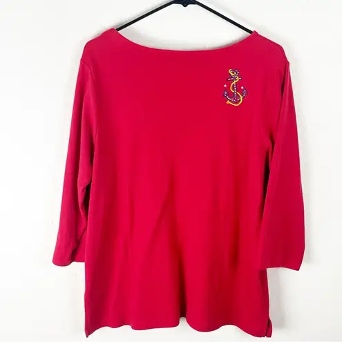 Quacker Factory Red Long Sleeves Embellished Beaded Patriotic Top, Size Large