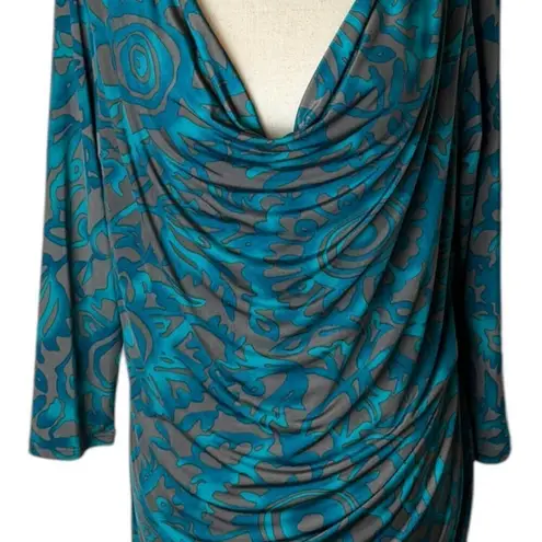 Clara Sun Woo Dress Womens Medium Teal Jersey Knit Faux Wrap Draped Sheath Blue