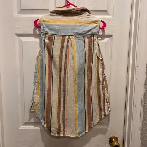 Time and Tru Womens Cotton Gauze Striped Sleeveless Collared Button Up Shirt L White Size L