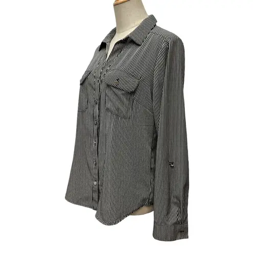Adrienne Vittadini Button Up Shirt Black White Striped Long Tab Sleeve Size S