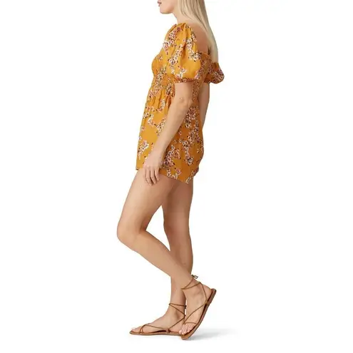 Flynn Skye Justine Romper Women's Medium Orange Floral Puff Sleeve Smocked RTR