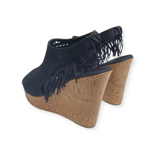 Olivia Miller š Fringe Peep Toe Cutout Cork Wedge Sandals š Black Microsuede š