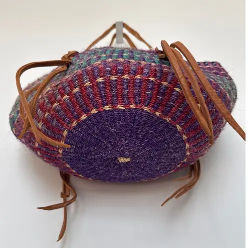 NWT Handwoven Purple & Teal Boho Retro Tote Bag with Leather Straps tassels