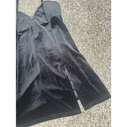 Frederick's of Hollywood fredrick’s of hollywood black faux velvet rhinestone trim mini slip dress slit L