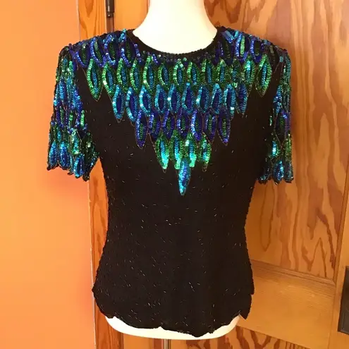 VTG Beaded & Sequined Party Top Blue Size M
