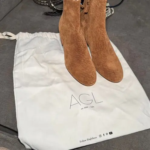 AGL Attilio Giusti Leombruni Veta Suede Ankle Boots 37.5 Cognac Brown Block Heel Size 6.5