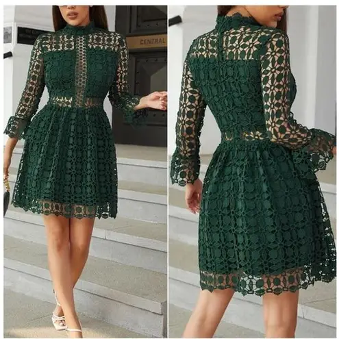 Slate + Willow Women's Teal Full Lace Long Sleeves Full Skirt Mini Dress Size 2