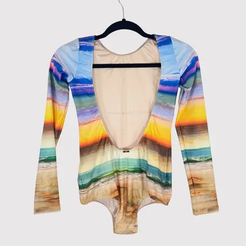 LIVE Womens Swimsuit Blue One Piece Sunset Beach Graphic Open Back Petite Small