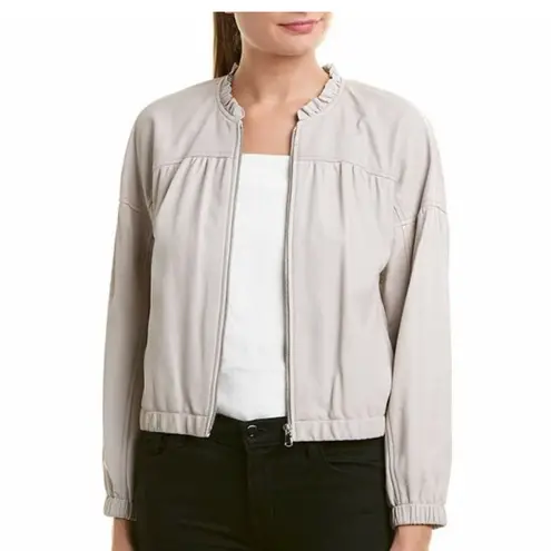 Rebecca Taylor ruffle trim light grey lamb skin leather bomber jacket blazer 8