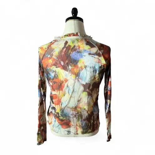 Yest Women's Abstract Floral Print Sheer Long Sleeve Ruffle Neck Button Up Top Size L