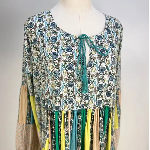 Ro's Garden Igor Dress Floral Stripes Green Teal Long Sleeves Maxi Size XL