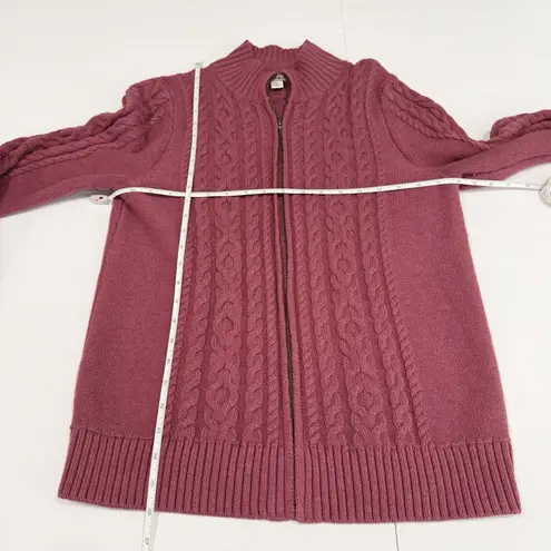 LL Bean Pink Double L Mixed Cable Full Zip Mock Neck Cotton Sweater Size LARGE