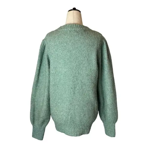 FRNCH Sweater Women Large Green Fuzzy Knit Puff Ballon Sleeve Crew Neck Pullover