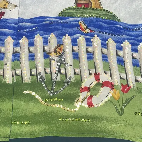 Quacker Factory NWT Size XS Beach Sailboat Sequin 100% Silk Button Up Blouse Top