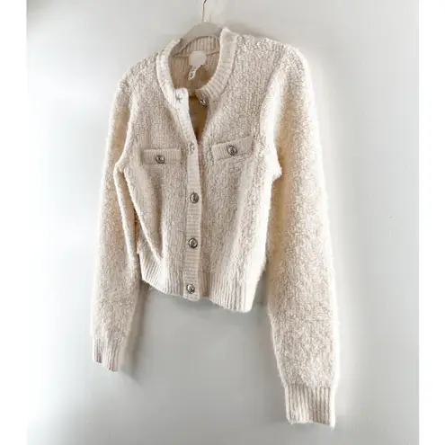 H&M  Bouclé Long Sleeve Pocket Button-Front Cardigan Sweater Cream Small - Image 5