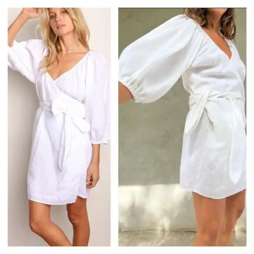 Mara Hoffman Swim Women's Linen Puff Sleeve V Neck Wrap Mini Dress White Large