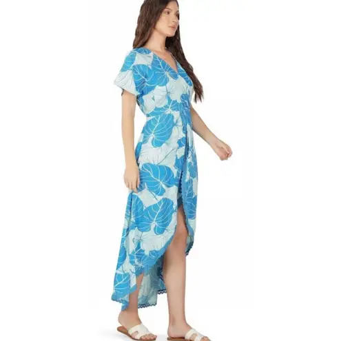 America & Beyond Blue/Cream Leaf Print Faux Wrap Tulip Midi Dress Size Medium Blue
