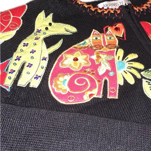 Arriviste Vintage Beaded Embroidered Cat Dog Animals Birds Sweater Small Zip Up Black