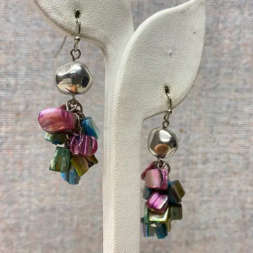 Boho Dangle Earrings Silver Tone Shell Beads Bell Sound Beach Vacation Coastal