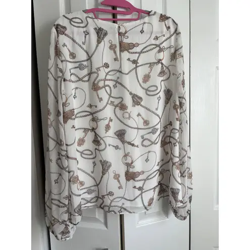 White House | Black Market  WHBM Key & Tassel Print Blouse – Size Large