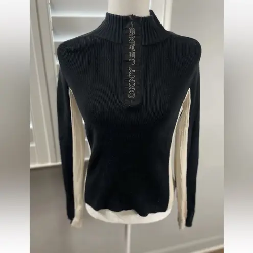 DKNY 90s  active fitted 2 tone quarter zip pullover sweater black ivory Ribbed M