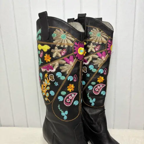TWO LIPS Chessa Black Embroidered Western Style Leather Boots Size 8