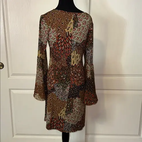 MSK PATCHWORK PEACOCK PIPED FEATHERED BELL SLEEVE DRESS Brown