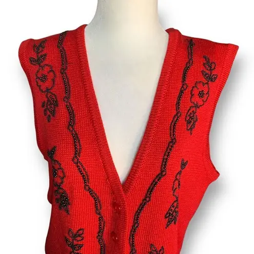 Vintage 90s Embroidered Sweater Vest Red Beaded Dark Floral Printed Knit Vneck Size M