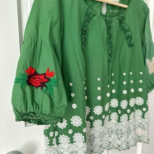 Odd Molly Anthropologie Green Boho Embroidered Scallop Hem Blouse Size S