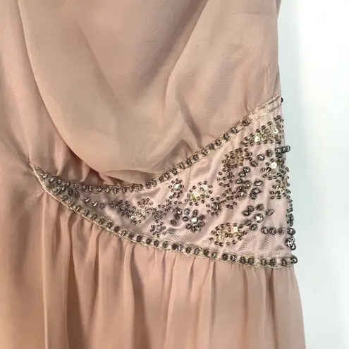 Free People  Women's Nude Pink Beaded One Shoulder Chiffon Mini Dress Size 8