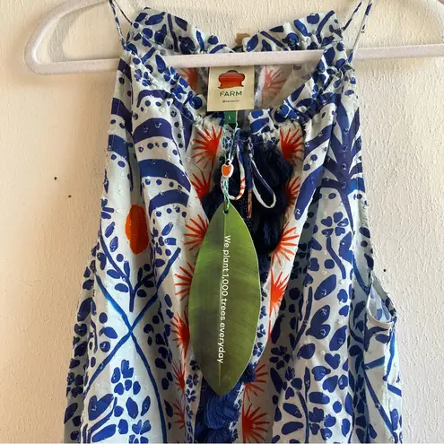 Farm Rio Tank Top Afternoon Breeze Beaded Tassel Tie Cotton Blouse Sz L NWT