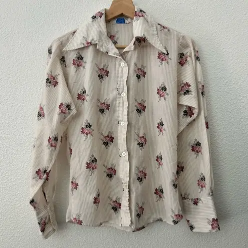 Vintage 70s Floral Button Up Shirt Long Sleeve Collar Cotton Size Small White