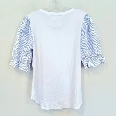 cupio Poplin Embroidered Stripe Sleeve T-shirt Women's Medium Blue White NWT