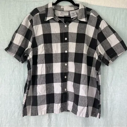 Erika  II linen cotton blend gingham black and white button up short sleeve 2X