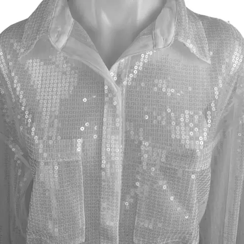 Chosen by KYHA Team 24 White Sequin Pockets Button Down Sheer Blouse Shirt Top L Size L
