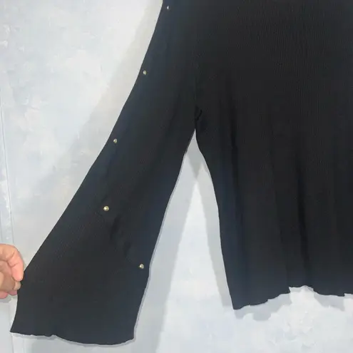 G.I.L.I. Black Ribbed Scoop Neck Long Wide Cuff Gold Stud Sleeves Sweater 1X