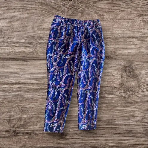 J. Crew Collection 100% Silk Dress Pants Coral Navy Floral Abstract Print Sz 2 Blue