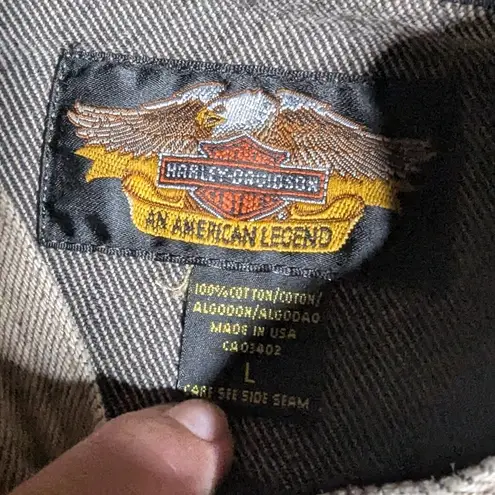 Vtg 1990s Harley Davidson Beige Denim Owners Group Flames Patch Biker Jacket L Tan Size L