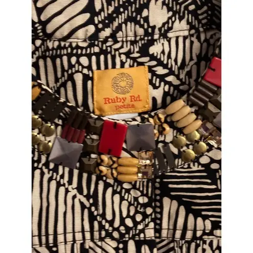 Ruby Rd Petite Black White Geometric Print Beaded Collar Jacket Women 12P