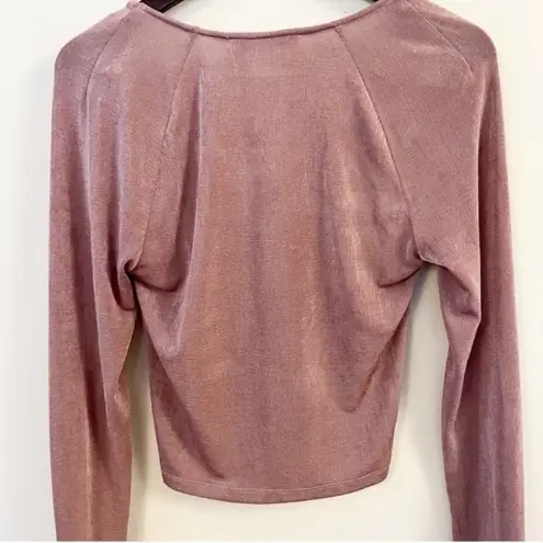 Elodie Mauve Pink Metallic Long Sleeve Cut out Blouse V-Neck Keyhole XL New