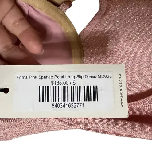 Montce NWT Prima Sparkle Slip Dress Women’s Size Small Pink Ruched Open Back Gow