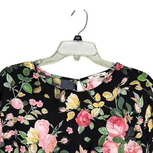 Bleuh Ciel Shirt Womens Large Black Floral Tie Front Balloon Sleeve Blouse Boho