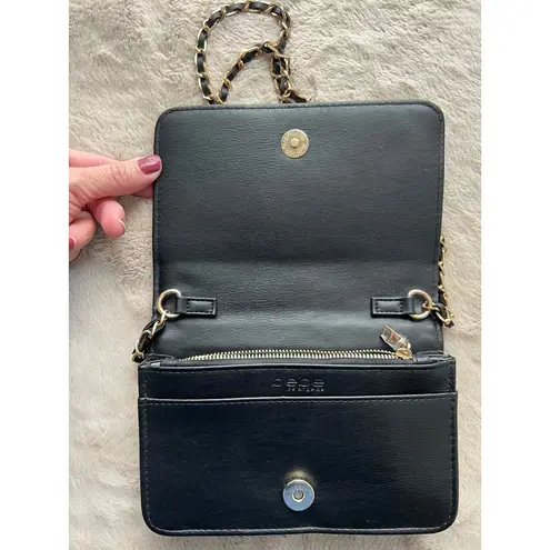 Bebe  Quilted Black Leather Crossbody Purse With Gold Chain Strap & Rhinestone Lo