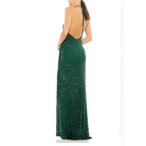Mac Duggal Ieena for Sequin Formal Halter Maxi Gown Dress Bottle Green 10