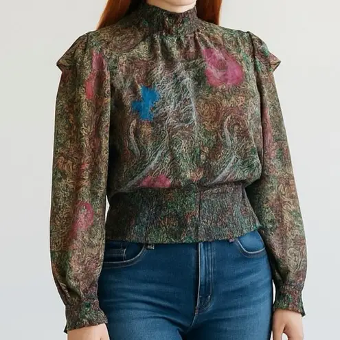 Lavender Brown Paisley & Floral Smocked Blouse with Mandarin Collar Size Large L