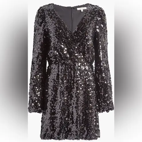 WAYF Black Carrie Long Sleeve Sequin Mini Dress V Neck Lined Size Medium
